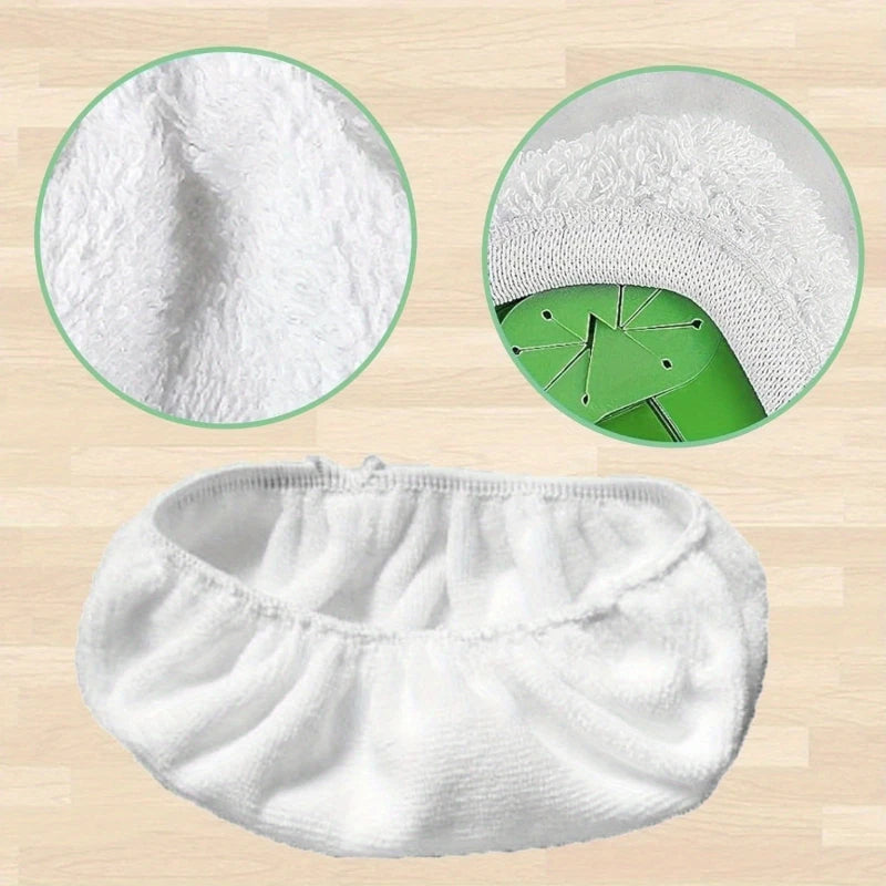 A white reusable microfiber mop refill pad is shown with close-ups of the fluffy material and a packaged pad.