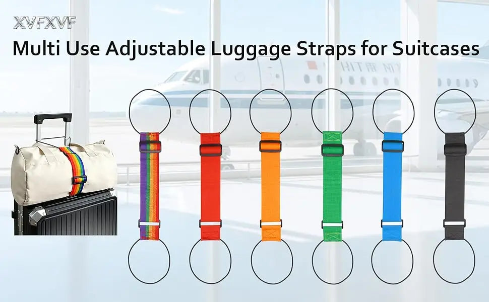 A display of multi-use adjustable luggage straps in various colors, including red, orange, green, and blue.