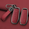 A maroon leather key case cover with a metal strap and clasp, shown against a dark red background.