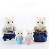 A set of three white miniature animal dolls dressed in clothing, including a top, shorts, and a skirt.