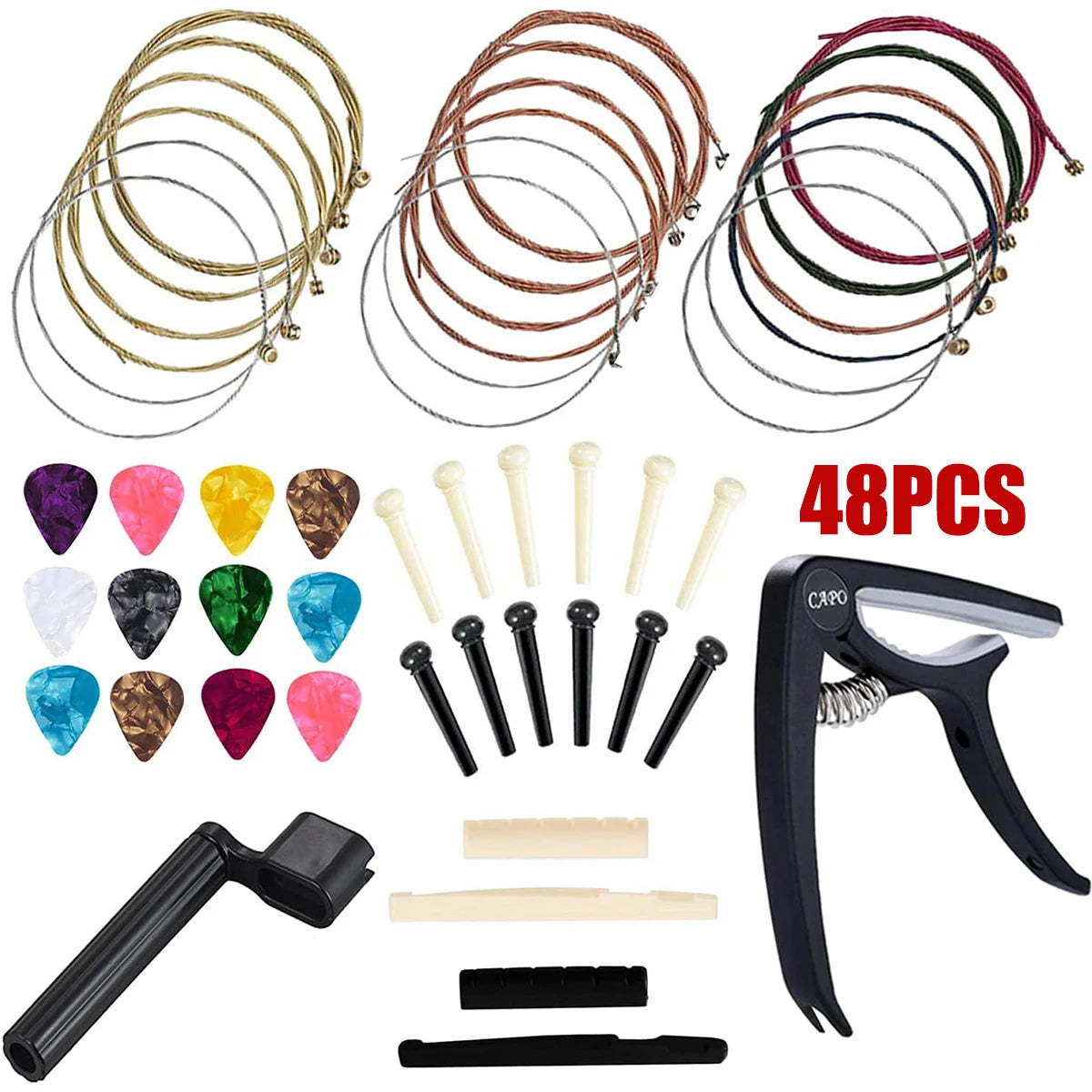 A complete 48-piece guitar accessory kit including strings, picks, and a capo, shown in various colors.