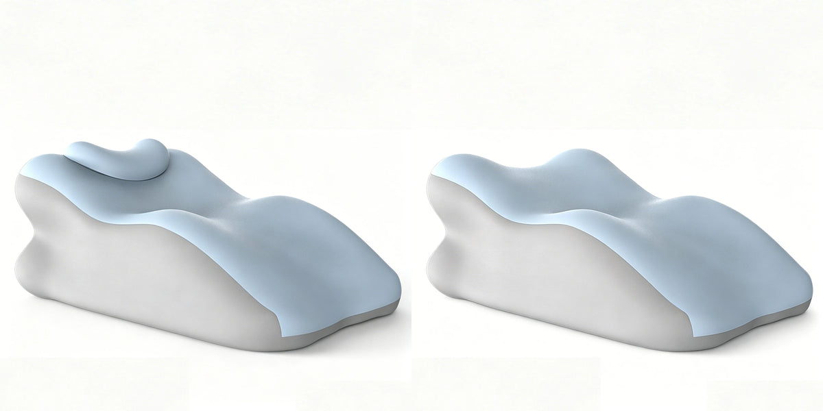 A white ergonomic memory foam wedge pillow with a light blue cover and detachable head rest shown from the side.
