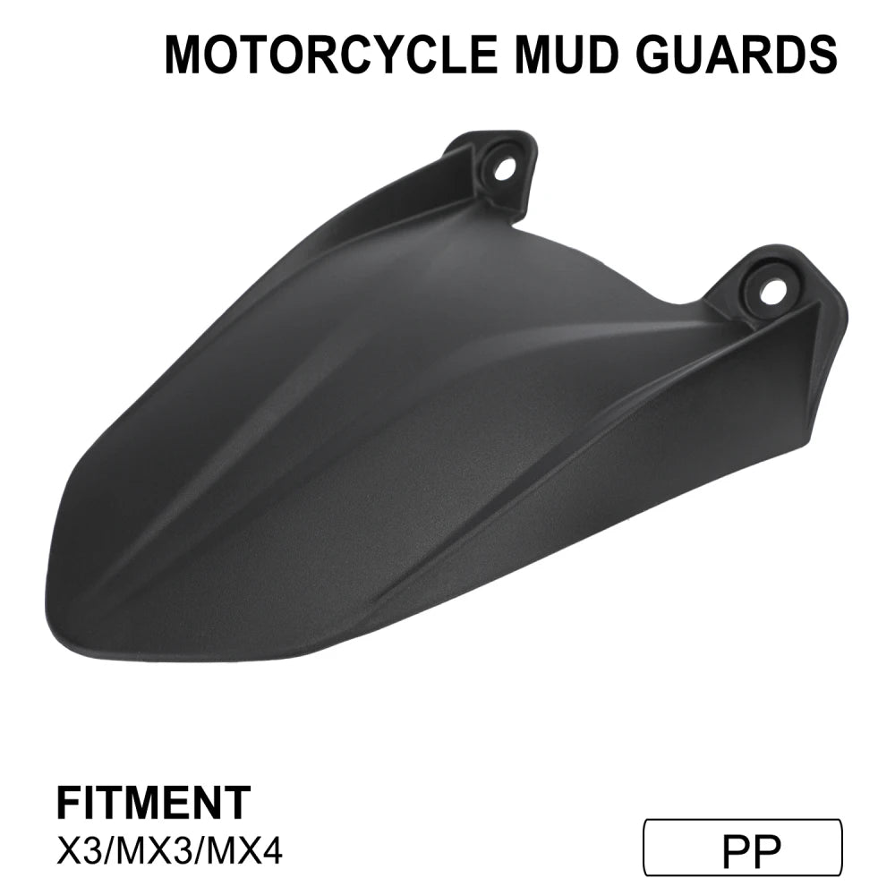 Black motorcycle mud guards for X3, MX3, and MX4 models