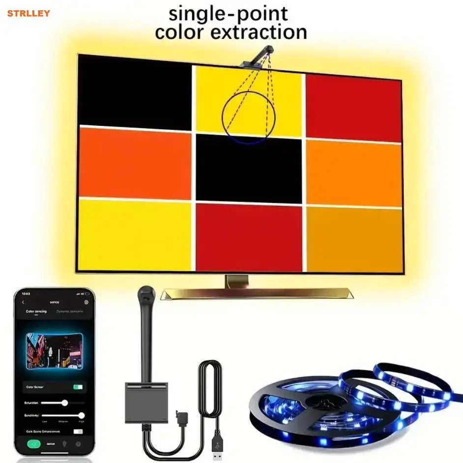An RGBIC TV backlight with a camera sync feature is shown above a colorful grid and various accessories.