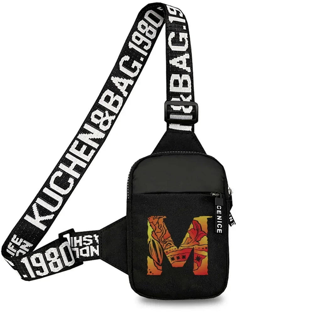 Black canvas chest bag with a wide strap featuring the text KUCHEN&BAG.1980