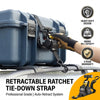 A heavy duty retractable ratchet tie-down strap is shown attached to a blue storage trunk, highlighting its 680kg capacity an