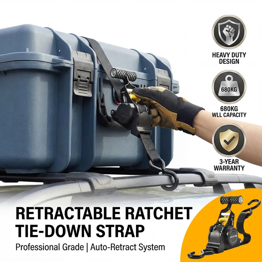 A heavy duty retractable ratchet tie-down strap is shown attached to a blue storage trunk, highlighting its 680kg capacity an