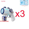 Three blue astronaut bubble blaster toys are shown with concentrated bubble particles.