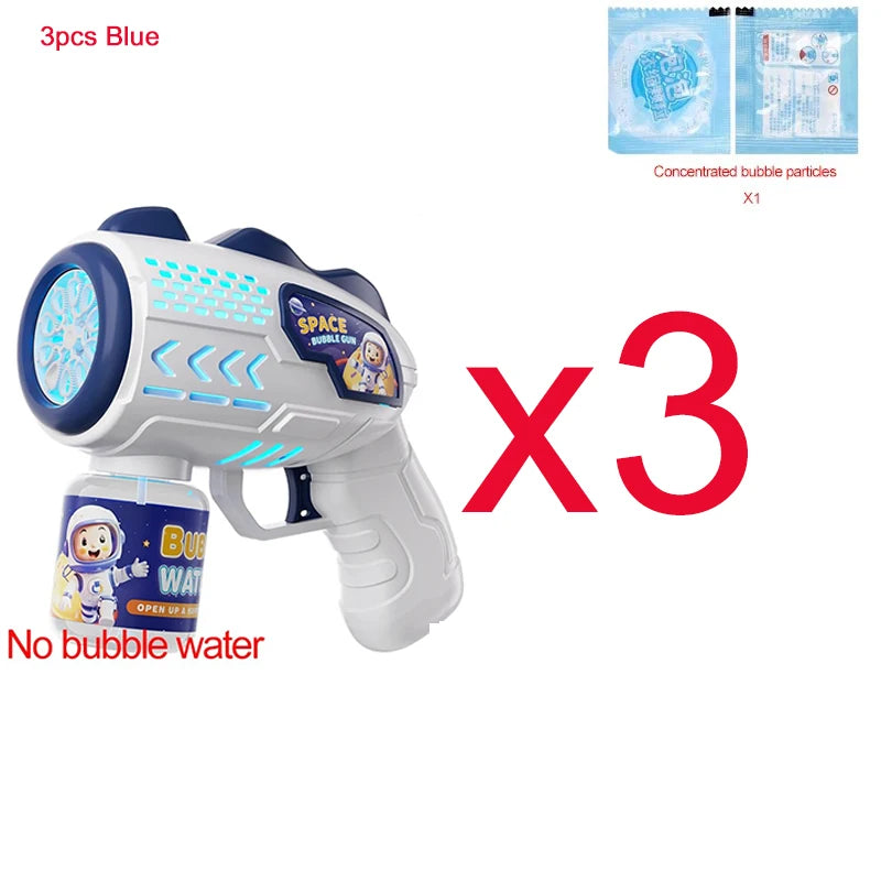 Three blue astronaut bubble blaster toys are shown with concentrated bubble particles.