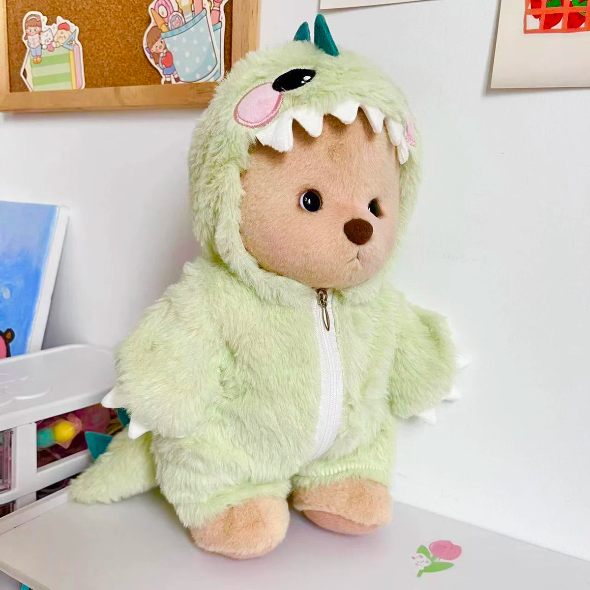 A soft green dinosaur jumpsuit outfit for a 30cm medium teddy bear doll.