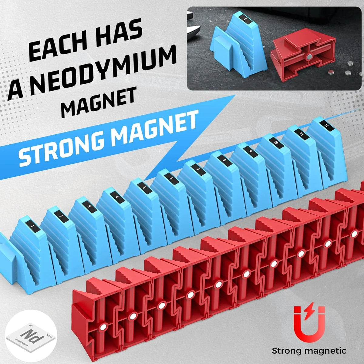 Modular magnetic wrench organizer featuring neodymium magnets in blue and red colors.