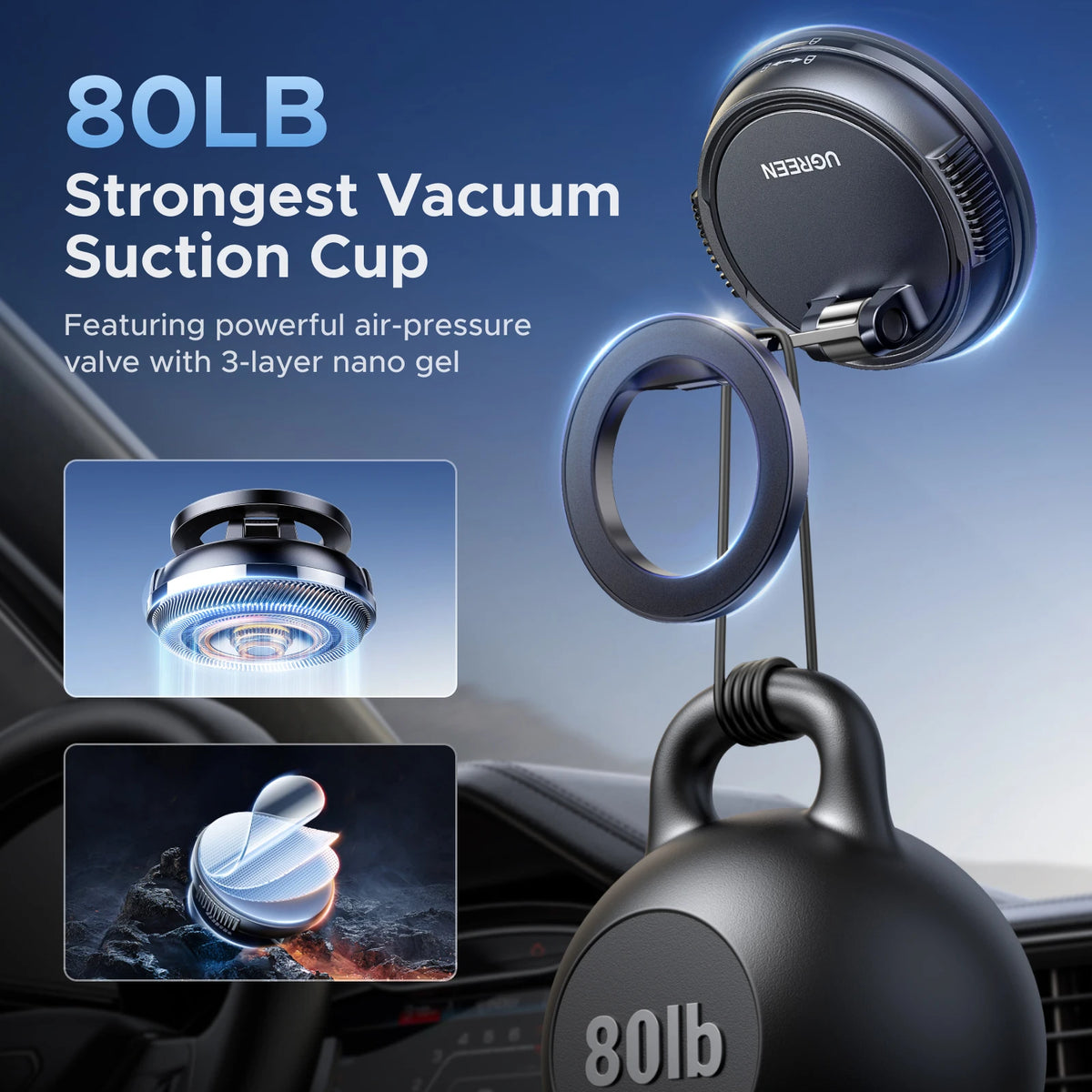 An 80lb vacuum suction cup product is shown mounted on a car dashboard, highlighting its design and power.