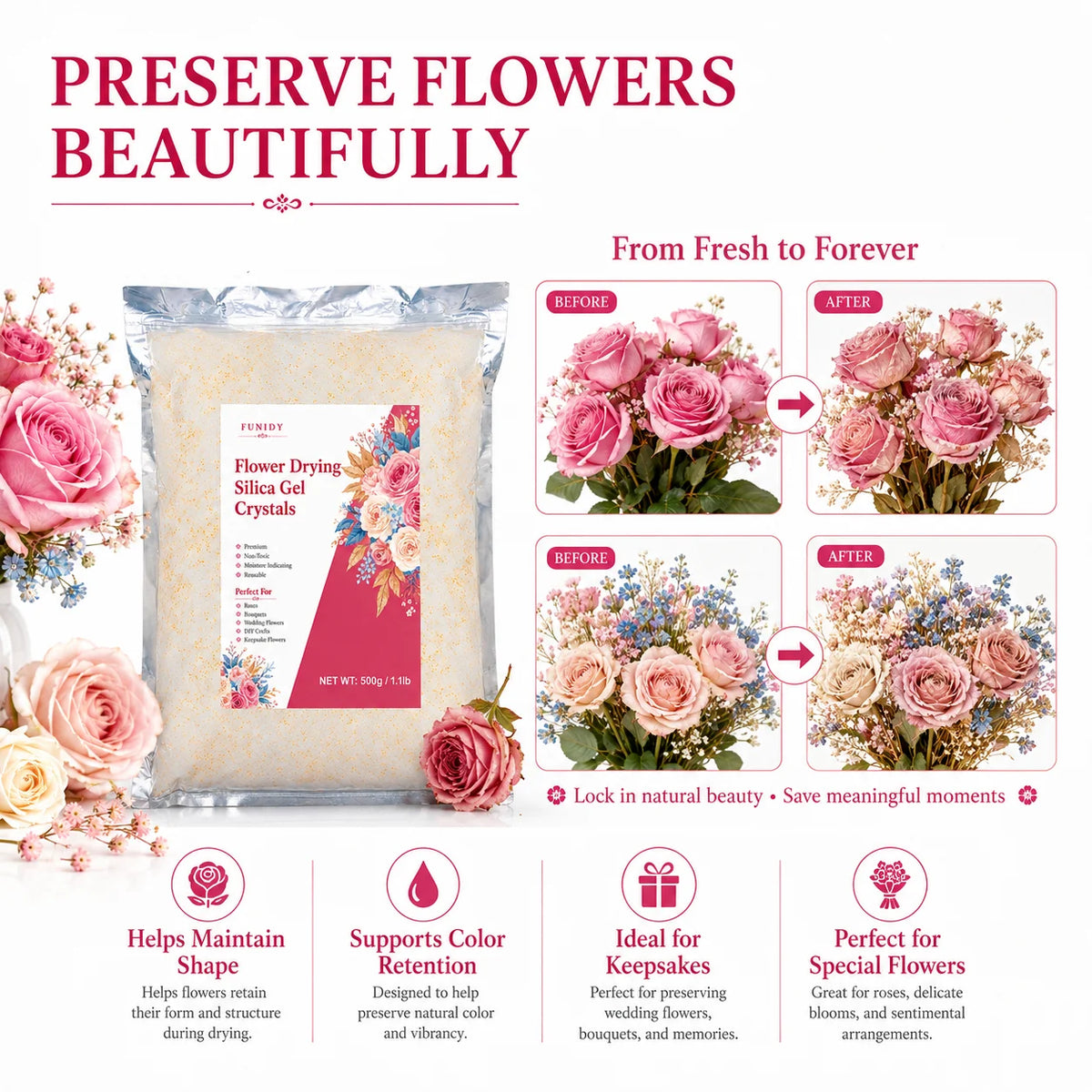 Bag of flower drying silica gel crystals used to preserve flowers from fresh to forever