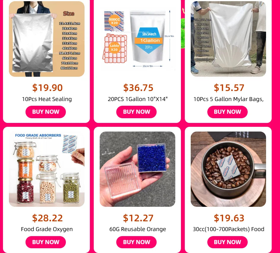 A collection of food grade oxygen absorbers in various sizes and colors for long-term food storage.