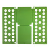 A green portable clothes folding board with multiple circular holes for hanging clothes.