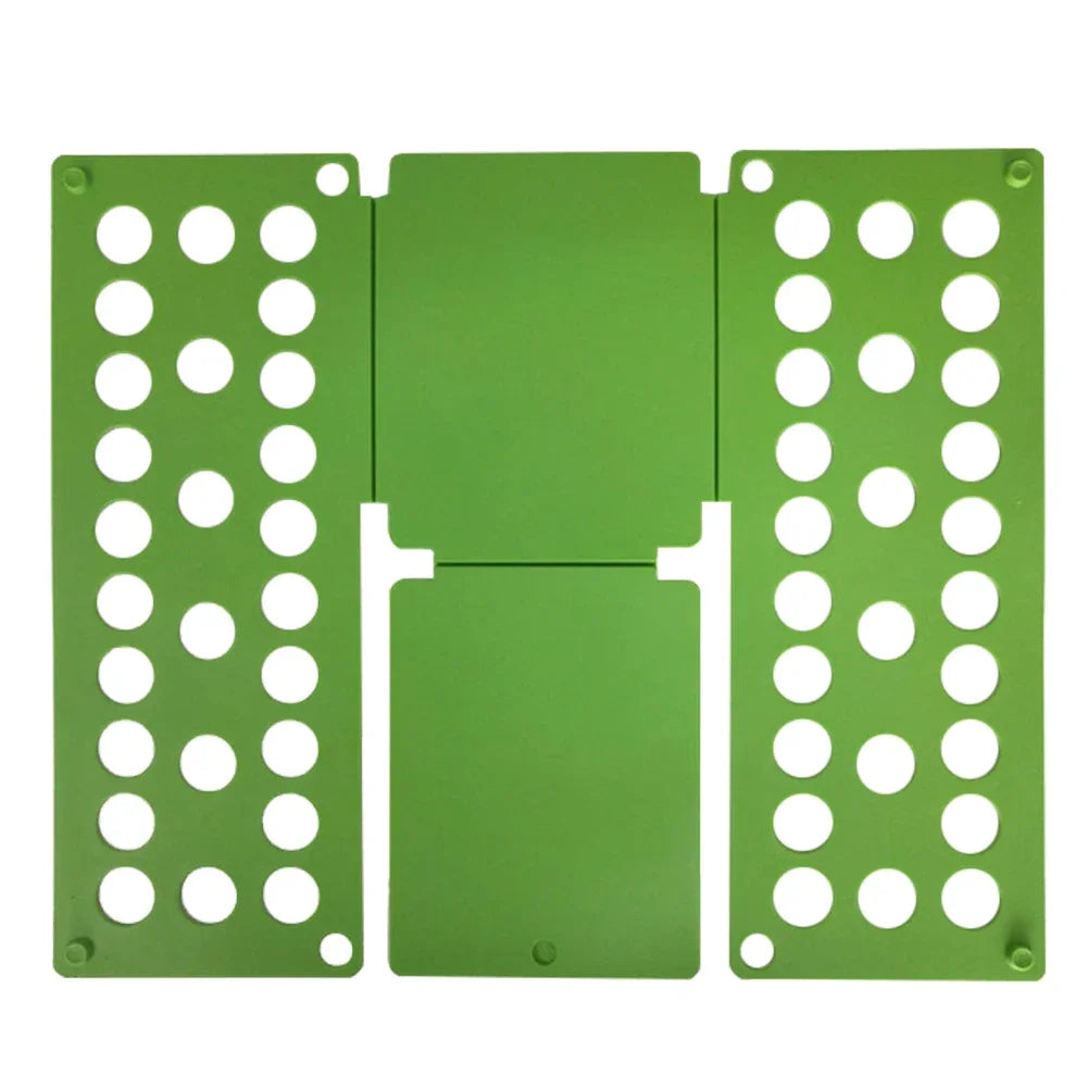 A green portable clothes folding board with multiple circular holes for hanging clothes.