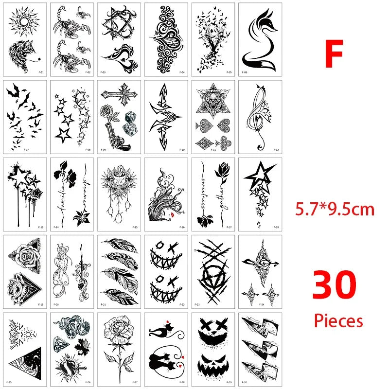 Colección de 30 pegatinas temporales con diseños de luna, estrella, diablo y flor.