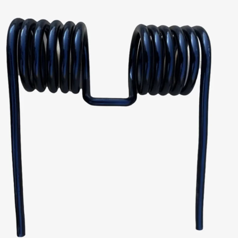 A pair of dark blue, tightly wound double torsion springs with metal arms.
