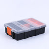A black plastic tool box organizer with transparent compartments for holding tools or small items.