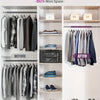 Before and after comparison showing a closet space saver product organizing clothes in a closet.