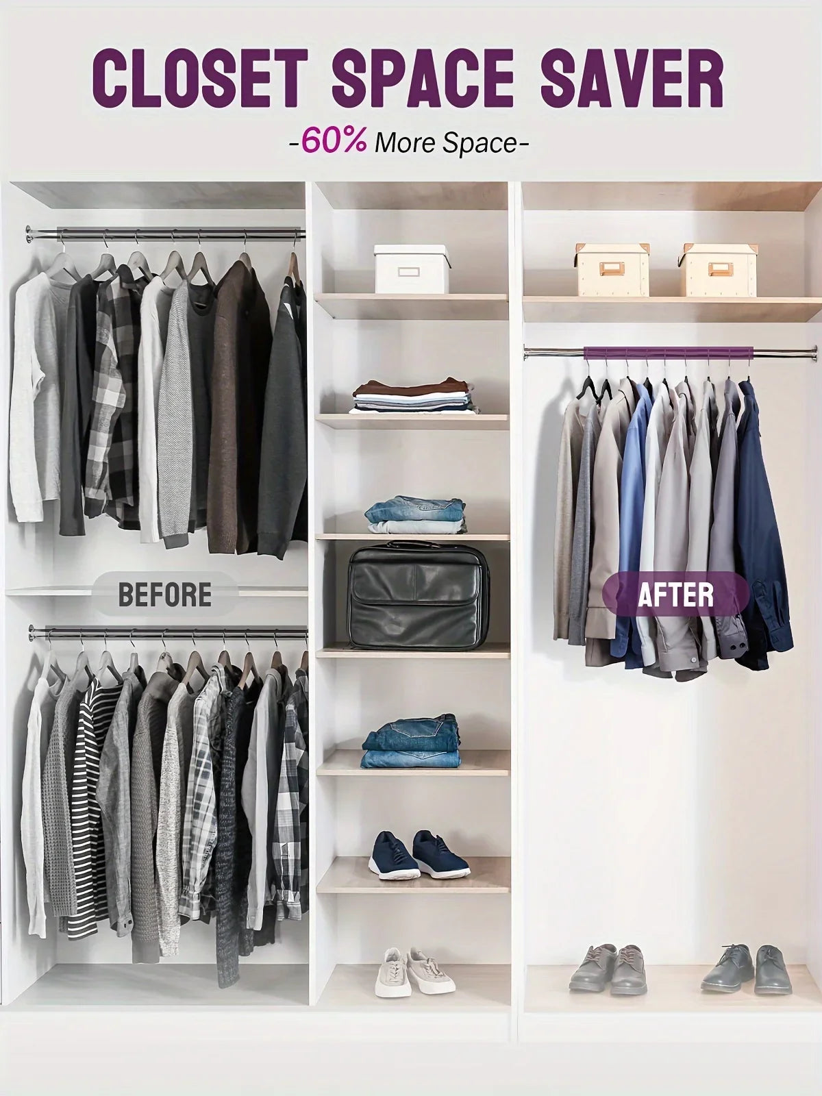 Before and after comparison showing a closet space saver product organizing clothes in a closet.