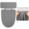A gray stretchable toilet seat and tank cover set shown next to a close-up of the fabric.
