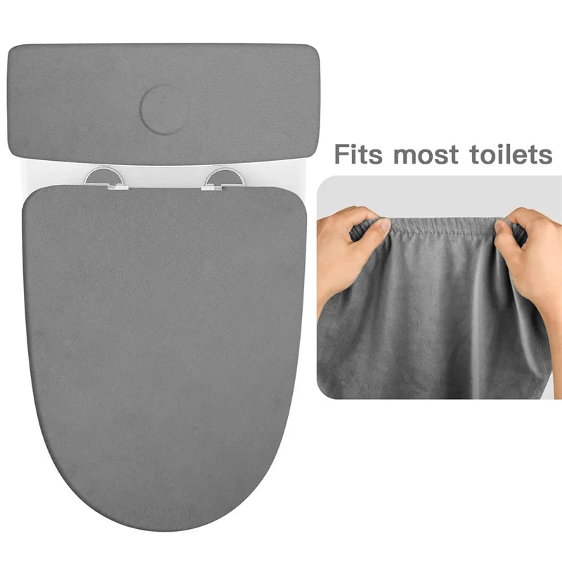A gray stretchable toilet seat and tank cover set shown next to a close-up of the fabric.