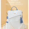 A white women's anti-theft vegan leather backpack with a laptop compartment and blue accents.
