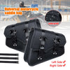 Black PU leather universal motorcycle saddle bags shown with attachment straps and side views.