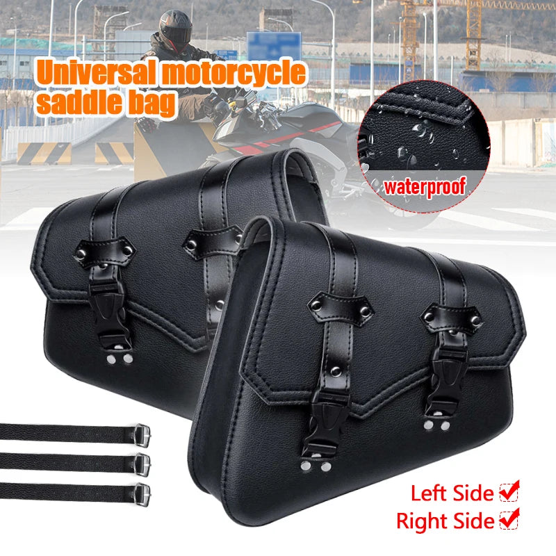 Black PU leather universal motorcycle saddle bags shown with attachment straps and side views.