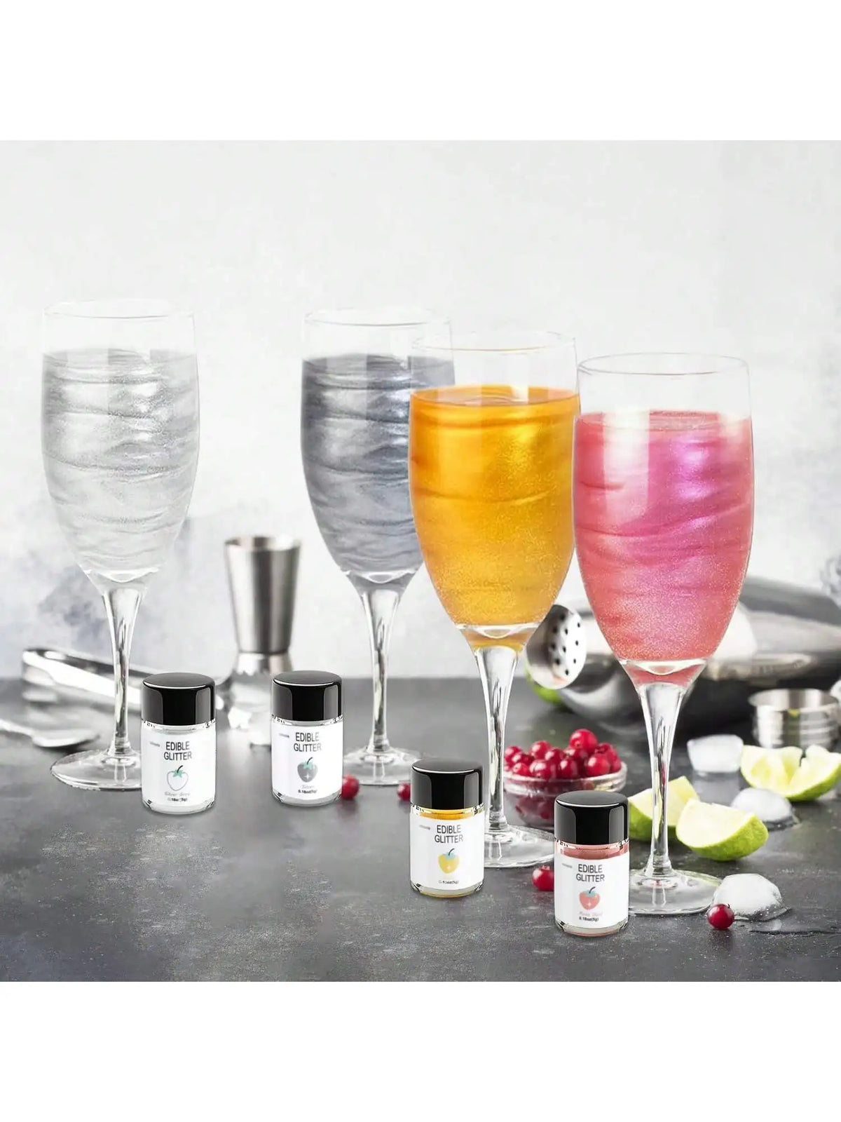 A collection of sparkling drinks in various colors, including gold and pink, set against a gray background.
