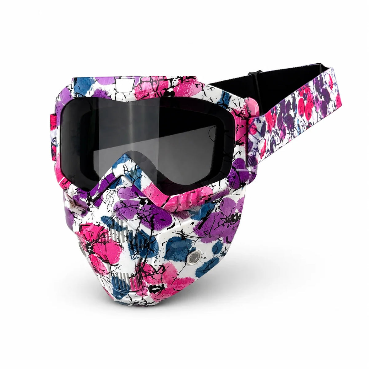 Ein Paar mehrfarbiger taktischer Motorradbrille mit Blumen- und abstraktem Muster.