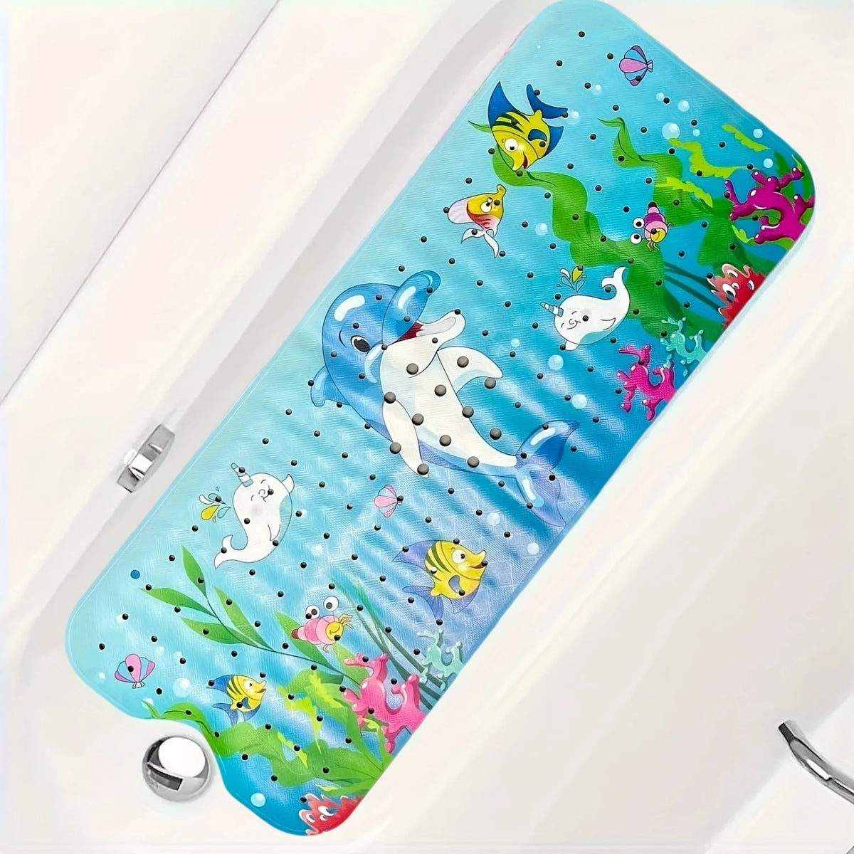 A bright blue bathtub mat featuring colorful cartoon sea creatures and fish, designed with suction cups.