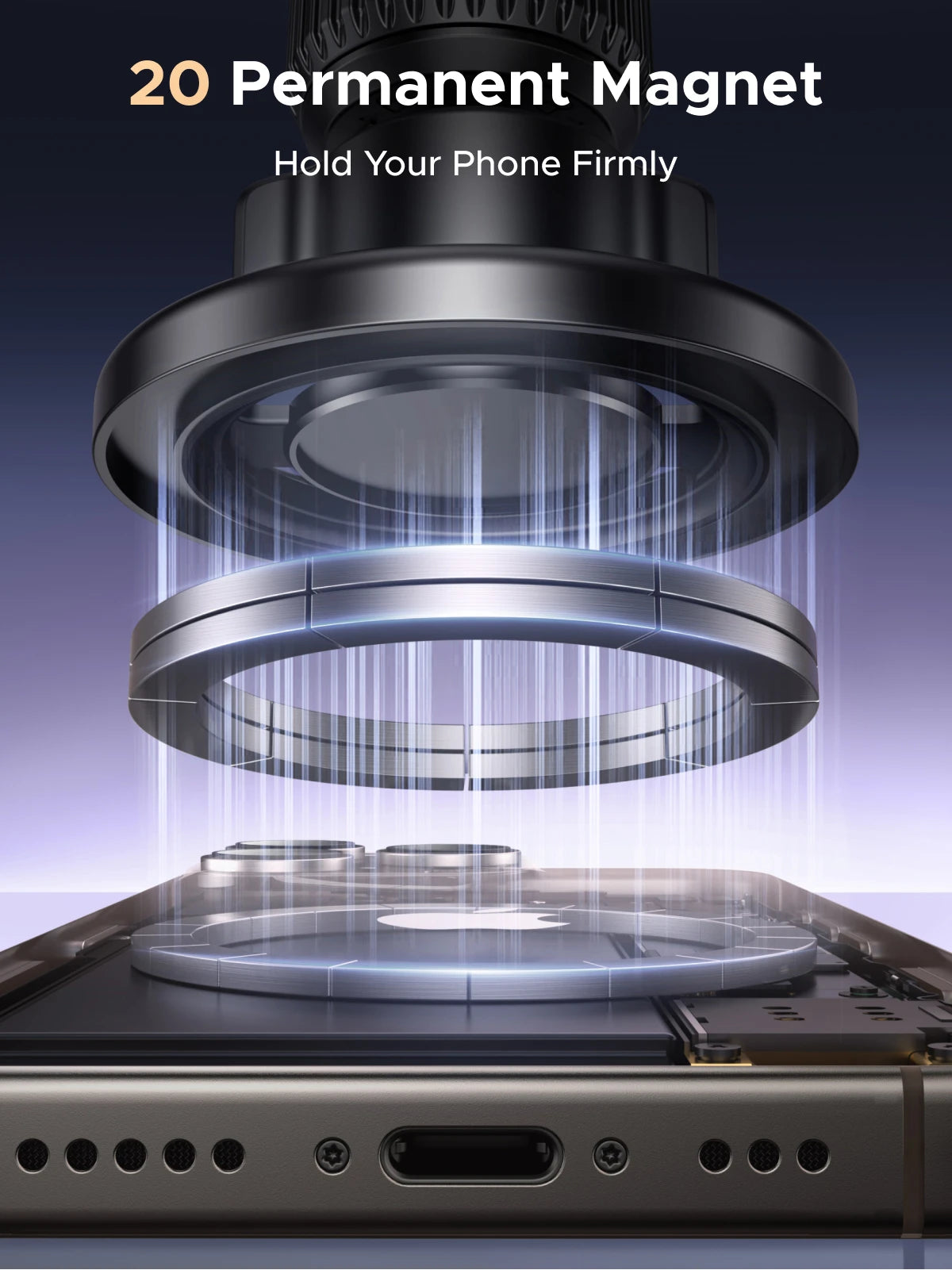 A close-up view of a magnetic phone mount assembly with multiple rings and a base, designed to firmly hold a phone.