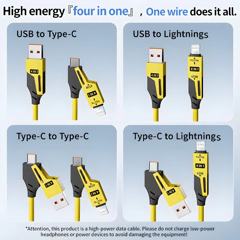 A set of high-energy four-in-one cables including USB to Type-C, USB to Lightning, Type-C to Type-C, and Type-C to Lightning.