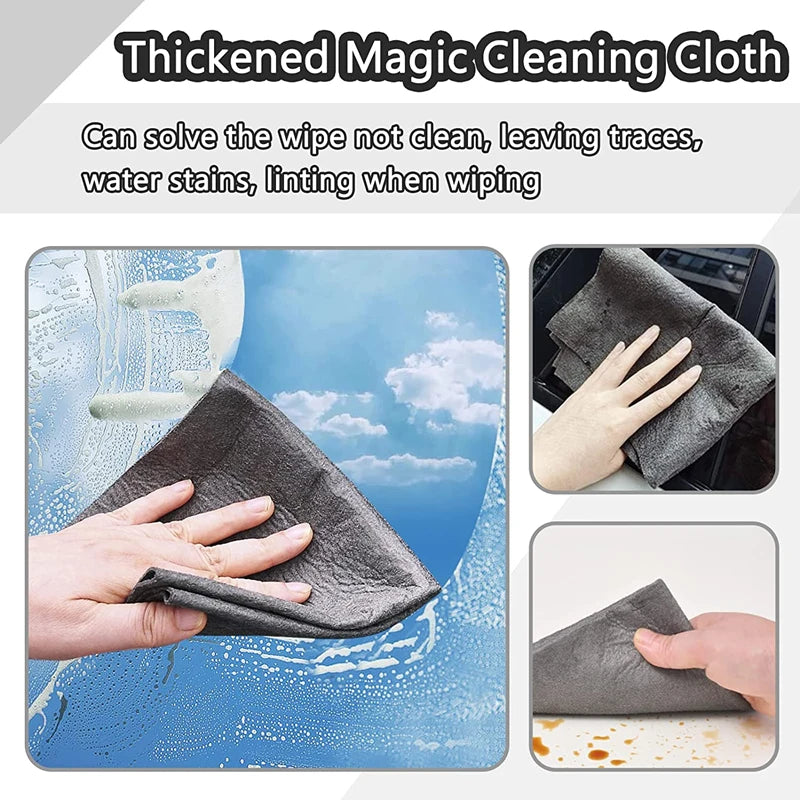 A gray thick magic cleaning cloth being used to wipe away water stains on a surface.