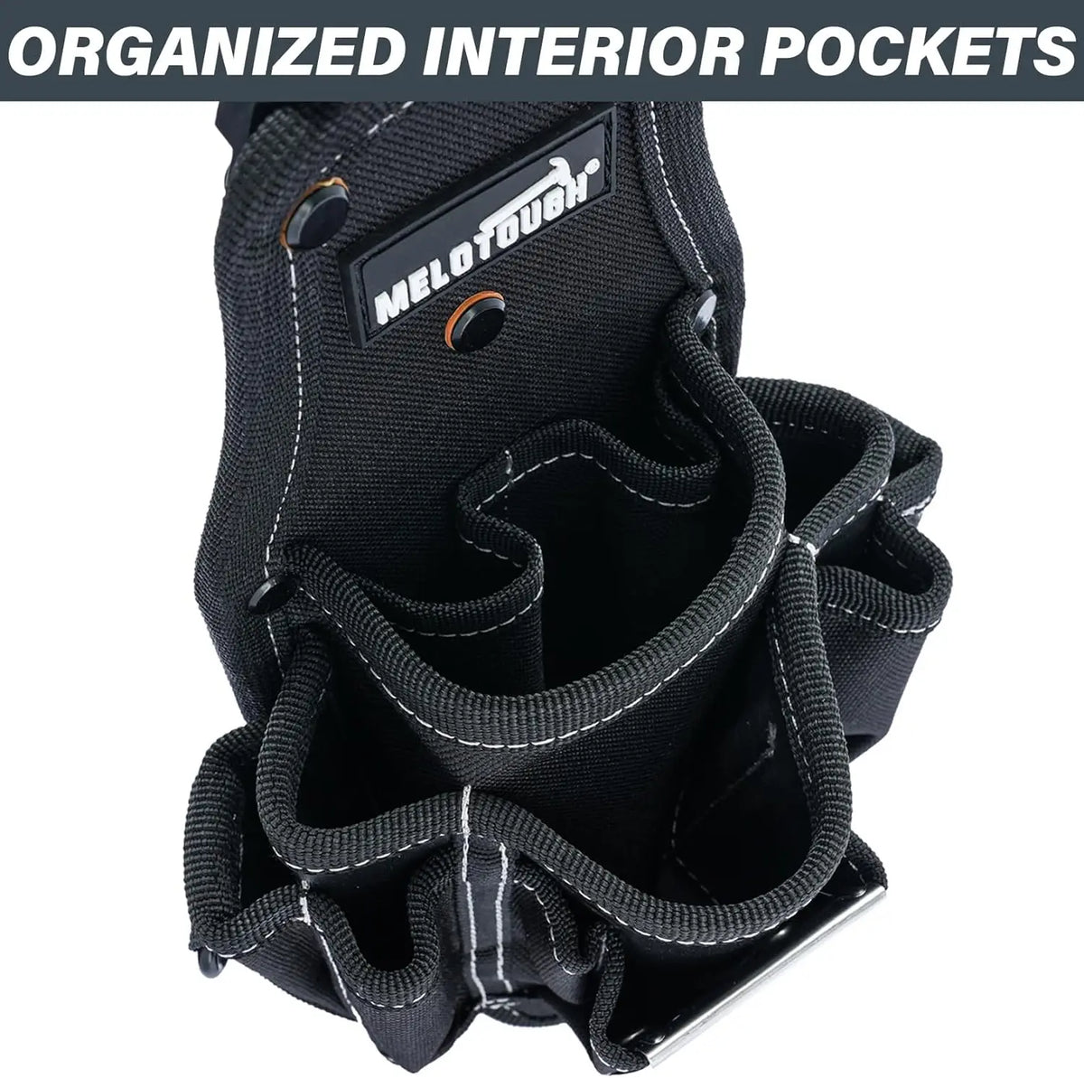 Black organized interior pockets tool pouch with a Melotough brand label