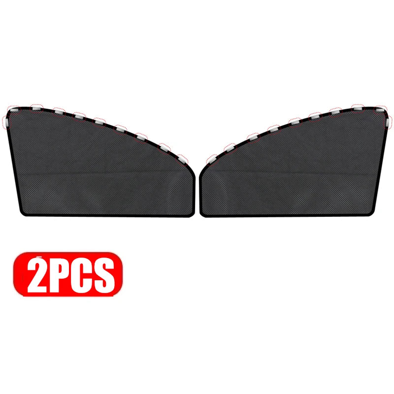 Two black magnetic car window sunshades with a foldable mesh design