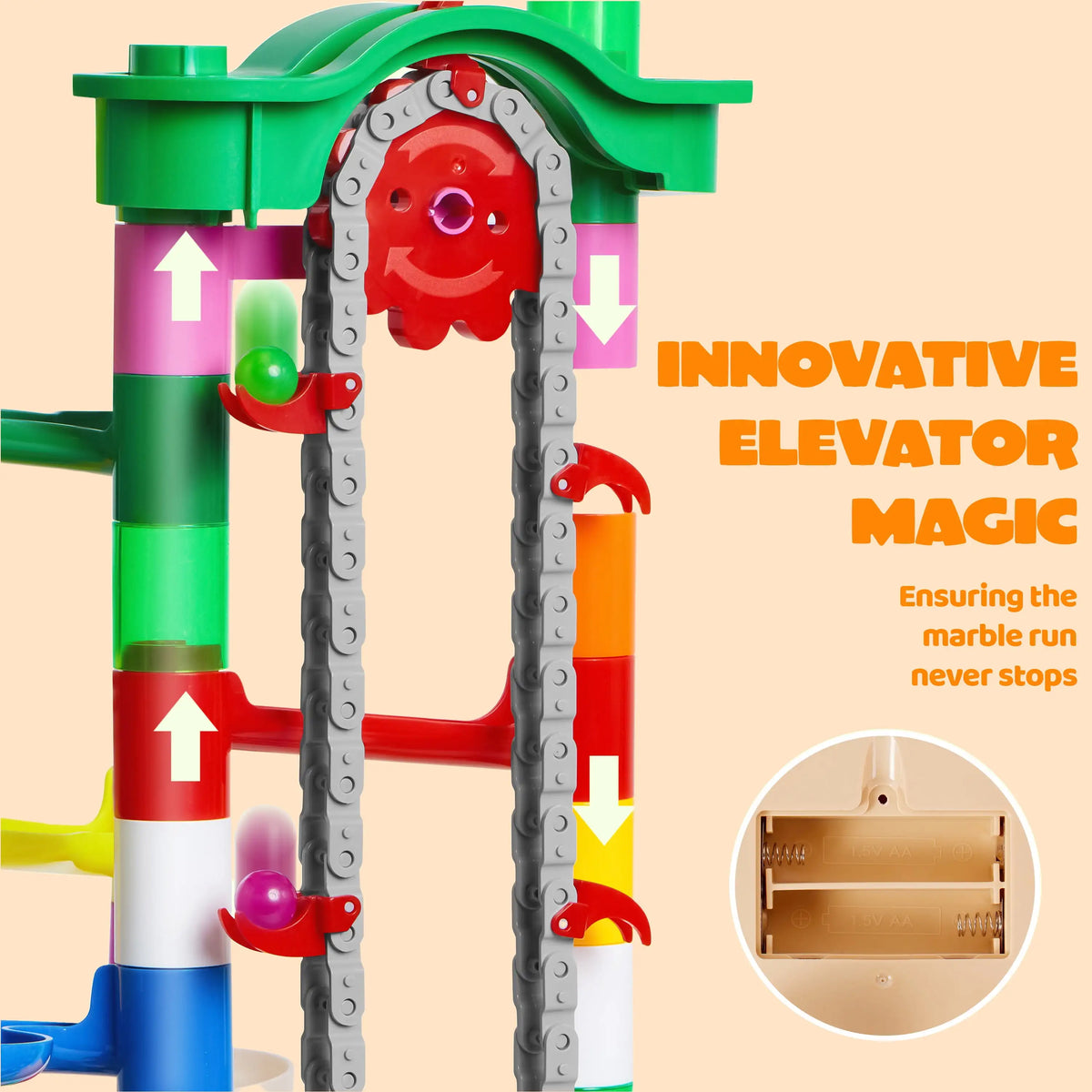 A colorful marble run with a motorized elevator structure made of plastic and wood components.