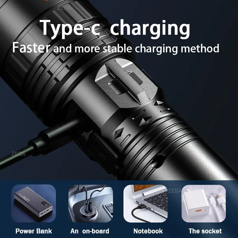 Close-up view of a flashlight showing Type-c charging port and various accessories like a power bank, notebook, and socket.