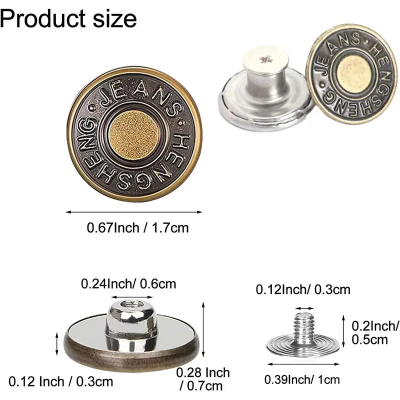 No-Sew Replacement Jeans Buttons - 17mm Metal Snap Buttons