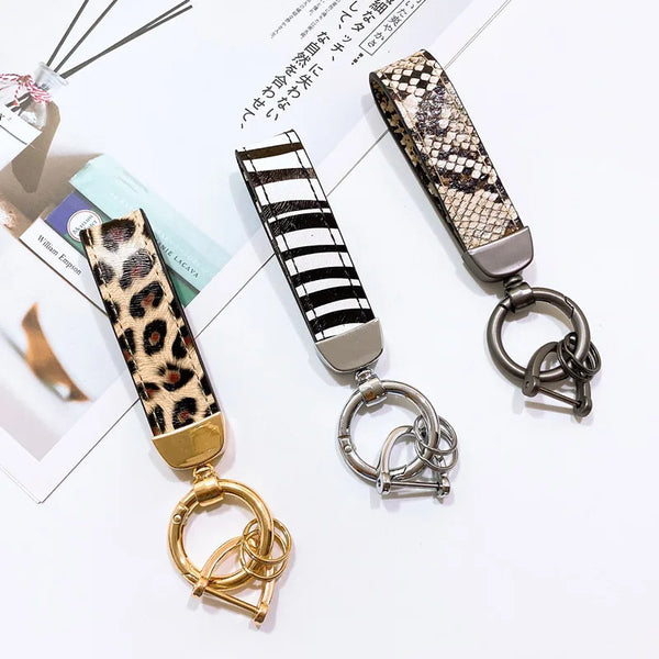 Zebra Print Leather Keychain with Animal Pattern