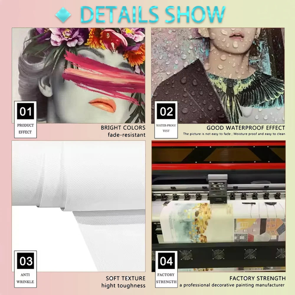 A display showing the waterproof and fade-resistant features of a movie poster product.