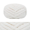 A ball of white chunky chenille yarn with a ribbed texture.