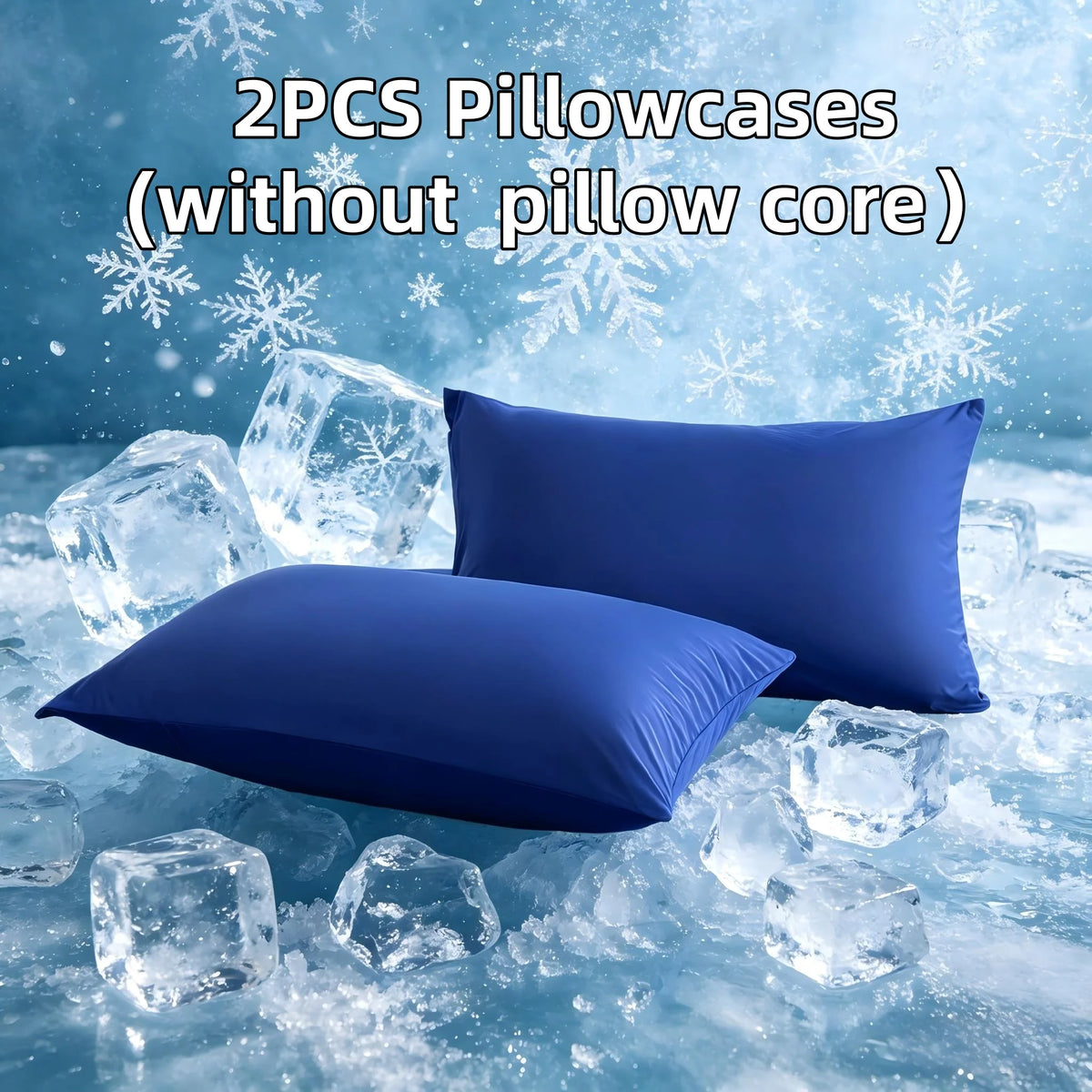 Two blue ice silk pillowcases without a pillow core resting on crushed ice.