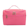 A bright pink hanging makeup bag with a zippered compartment and a pull tab.