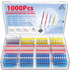 A kit of 1000 pieces of waterproof heat shrink solder wire connectors in various colors and gauges, packaged in a clear plast