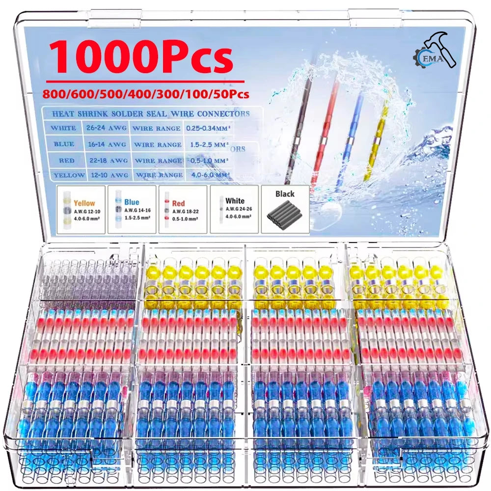 A kit of 1000 pieces of waterproof heat shrink solder wire connectors in various colors and gauges, packaged in a clear plast
