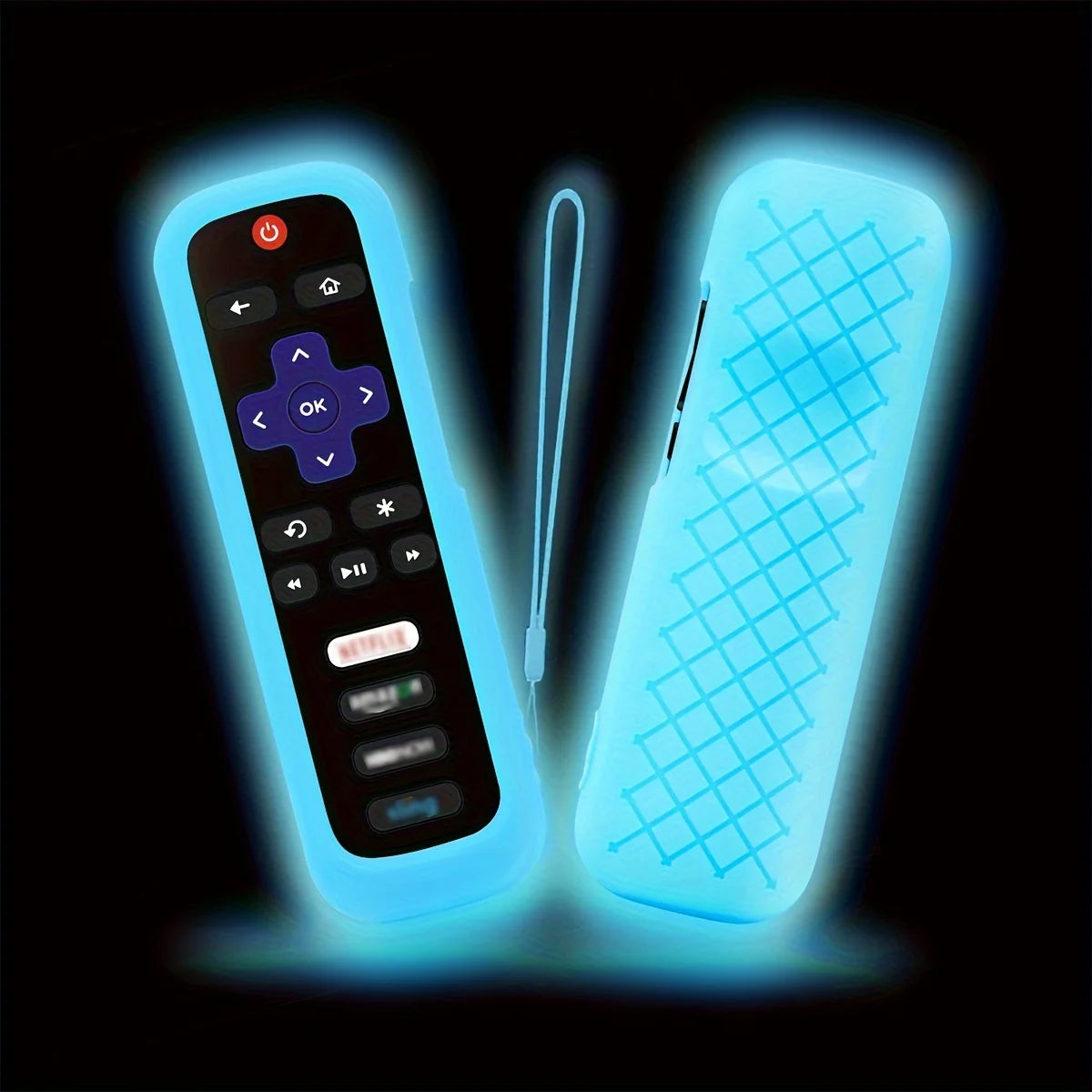 A glowing blue silicone remote cover with a lanyard is shown against a black background.