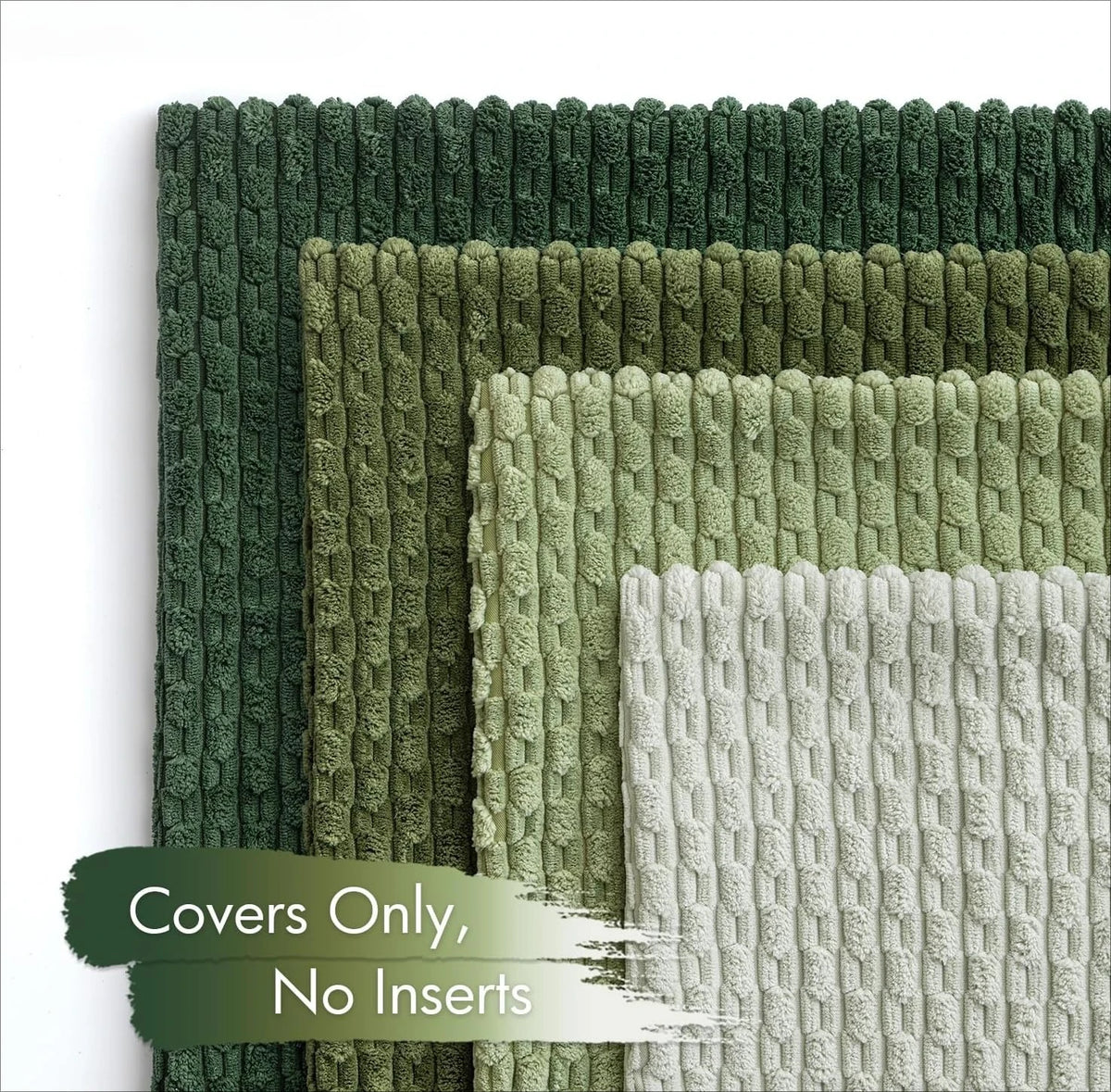 A stack of olive green and sage green corduroy throw pillow covers with vertical ribbed texture.